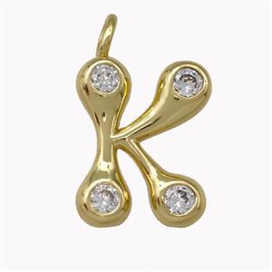 Copper Pendant Pave Zirconia Letter-K Gold Plated, approx 11-18mm