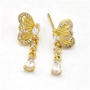 Copper Butterfly Earrings Stud Pave Zirconia Gold Plated, approx 4-6mm, 8-11.5mm