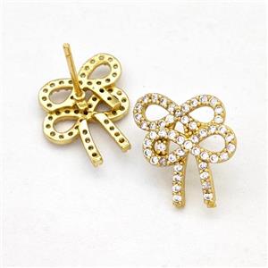Copper Bow Earrings Stud Pave Zirconia Gold Plated, approx 14-15mm