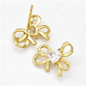 Copper Bow Earrings Stud Pave Zirconia Gold Plated, approx 13-15mm