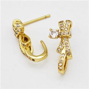 Copper Bow Earrings Stud Pave Zirconia Gold Plated, approx 8-18mm
