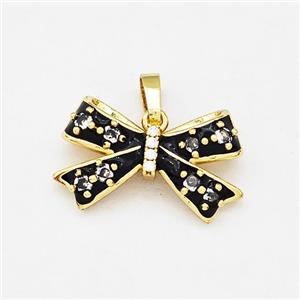 Copper Bow Pendant Pave Zirconia Black Enamel Gold Plated, approx 13-20mm