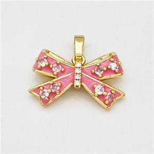 Copper Bow Pendant Pave Zirconia Pink Enamel Gold Plated, approx 13-20mm