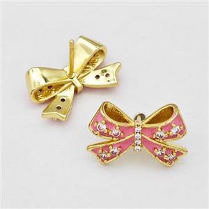 Copper Bow Stud Earrings Pave Zirconia Pink Enamel Gold Plated, approx 11-17mm