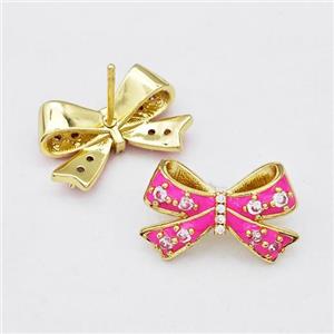 Copper Bow Stud Earrings Pave Zirconia Hotpink Enamel Gold Plated, approx 11-17mm