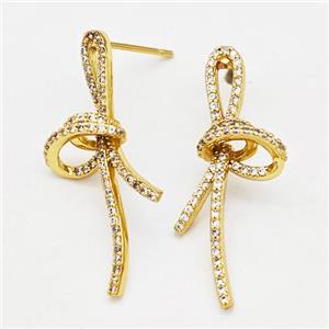 Copper Bow Stud Earrings Pave Zirconia Gold Plated, approx 15-30mm