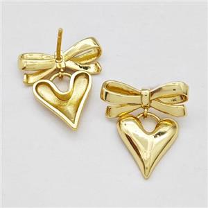 Copper Bow Stud Earrings Heart Gold Plated, approx 13mm, 7-17mm