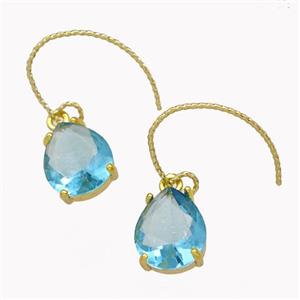 Copper Hook Earrings With Aqua Crystal Glass Teardrop Gold Plated, approx 10-12mm, 15-20mm