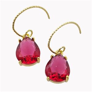 Copper Hook Earrings With Ruby Crystal Glass Teardrop Gold Plated, approx 10-12mm, 15-20mm