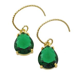 Copper Hook Earrings With Green Crystal Glass Teardrop Gold Plated, approx 10-12mm, 15-20mm
