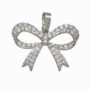 Copper Bow Pendant Micro Pave Zirconia Platinum Plated, approx 16-23mm