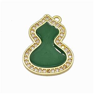 Copper Gourd Pendant Pave Zirconia Green Enamel Gold Plated, approx 14.5-19mm