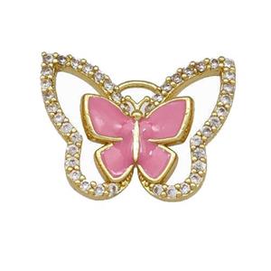 Copper Butterfly Pendant Pave Zirconia Pink Enamel Gold Plated, approx 15-19mm