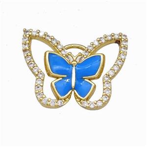 Copper Butterfly Pendant Pave Zirconia Blue Enamel Gold Plated, approx 15-19mm