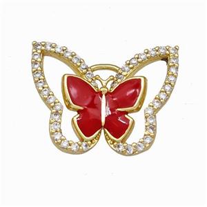 Copper Butterfly Pendant Pave Zirconia Red Enamel Gold Plated, approx 15-19mm