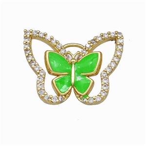 Copper Butterfly Pendant Pave Zirconia Green Enamel Gold Plated, approx 15-19mm