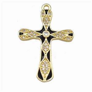 Copper Cross Pendant Pave Zirconia Black Enamel Gold Plated, approx 21-28mm