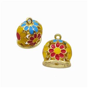 Copper Bell Pendant Daisy Multicolor Enamel Gold Plated, approx 9-11mm