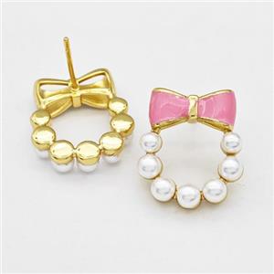 Copper Bow Stud Earrings Pave Pearlized Resin Pink Painted Gold Plated, approx 17-20mm