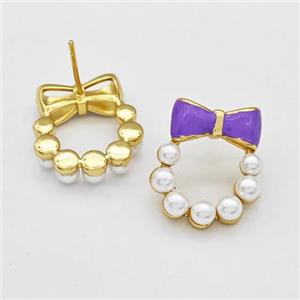 Copper Bow Stud Earrings Pave Pearlized Resin Purple Painted Gold Plated, approx 17-20mm