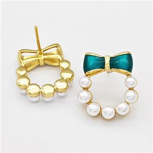 Copper Bow Stud Earrings Pave Pearlized Resin Green Painted Gold Plated, approx 17-20mm