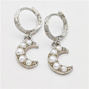 Copper Hoop Earrings Moon Pave Pearlized Resin Platinum Plated, approx 11-15mm, 15mm dia