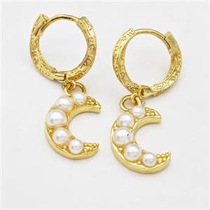Copper Hoop Earrings Moon Pave Pearlized Resin Gold Plated, approx 11-15mm, 15mm dia