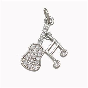 Guitar Charms Musical Note Copper Pendant Pave Zirconia Platinum Plated, approx 14-16mm