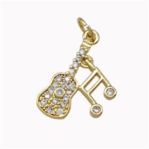 Guitar Charms Musical Note Copper Pendant Pave Zirconia Gold Plated, approx 14-16mm