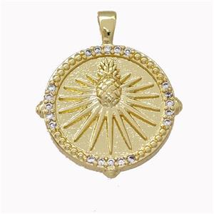 Pineapple Charms Copper Coin Pendant Pave Zirconia Gold Plated, approx 17mm