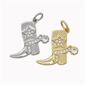 Cowboy Boots Charms Copper Shoe Pendant Micro Pave Zirconia Star Mixed, approx 14-17mm