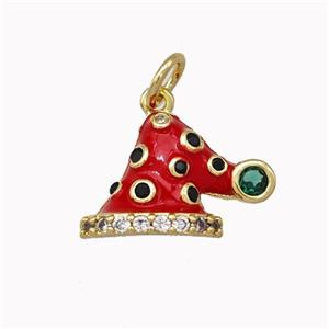 Red Christmas Hat Charms Copper Pendant Micro Pave Zirconia Enamel Gold Plated, approx 10-16mm