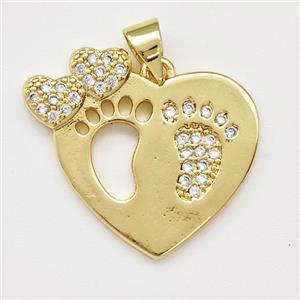 Copper Heart Pendant Micro Pave Zirconia Footprints Gold Plated, approx 20-22mm