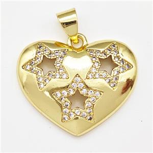 Copper Heart Pendant Micro Pave Zirconia Star Gold Plated, approx 16-22mm