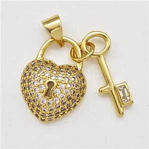 Copper Heart Lock Pendant Pave Zirconia Key Gold Plated, approx 5-17mm, 13-17mm