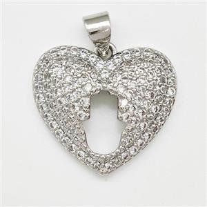 Copper Heart Pendant Micro Pave Zirconia Hand Platinum Plated, approx 19mm