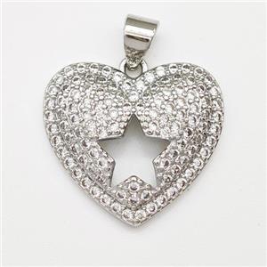 Copper Heart Pendant Micro Pave Zirconia Star Platinum Plated, approx 19mm