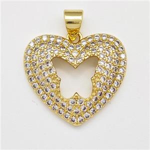 Copper Heart Pendant Micro Pave Zirconia Butterfly Gold Plated, approx 19mm