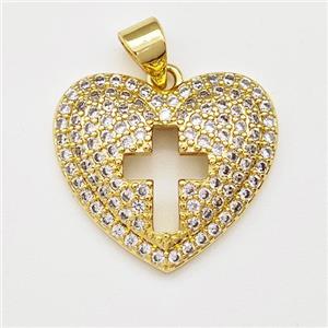 Copper Heart Pendant Micro Pave Zirconia Cross Gold Plated, approx 19mm