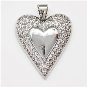 Copper Heart Pendant Micro Pave Zirconia Platinum Plated, approx 20-23mm