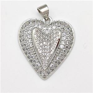 Copper Heart Pendant Micro Pave Zirconia Platinum Plated, approx 22mm