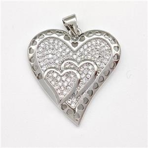 Copper Heart Pendant Micro Pave Zirconia Platinum Plated, approx 24-25mm