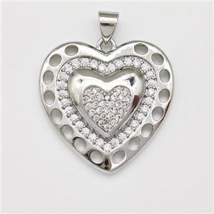 Copper Heart Pendant Micro Pave Zirconia Platinum Plated, approx 24mm