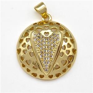 Copper Heart Pendant Micro Pave Zirconia Hollow Gold Plated, approx 22mm