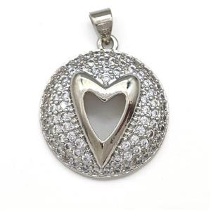 Copper Heart Pendant Micro Pave Zirconia Platinum Plated, approx 22mm