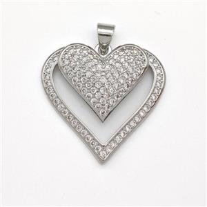 Copper Heart Pendant Micro Pave Zirconia Platinum Plated, approx 25mm