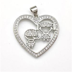 Copper Heart Pendant Micro Pave Zirconia Kids Platinum Plated, approx 25mm