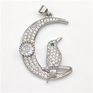 Copper Birds Pendant Micro Pave Zirconia Moon Platinum Plated, approx 25-30mm