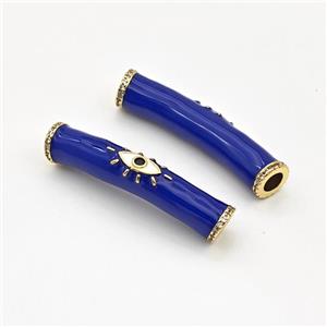 Copper Curved Tube Beads Micro Pave Zirconia Eye Blue Enamel Gold Plated, approx 8-36mm, 4mm hole