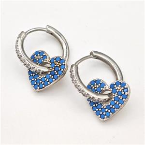 Copper Hoop Earrings Heart Pave Blue Zirconia Platinum Plated, approx 14mm, 17mm dia